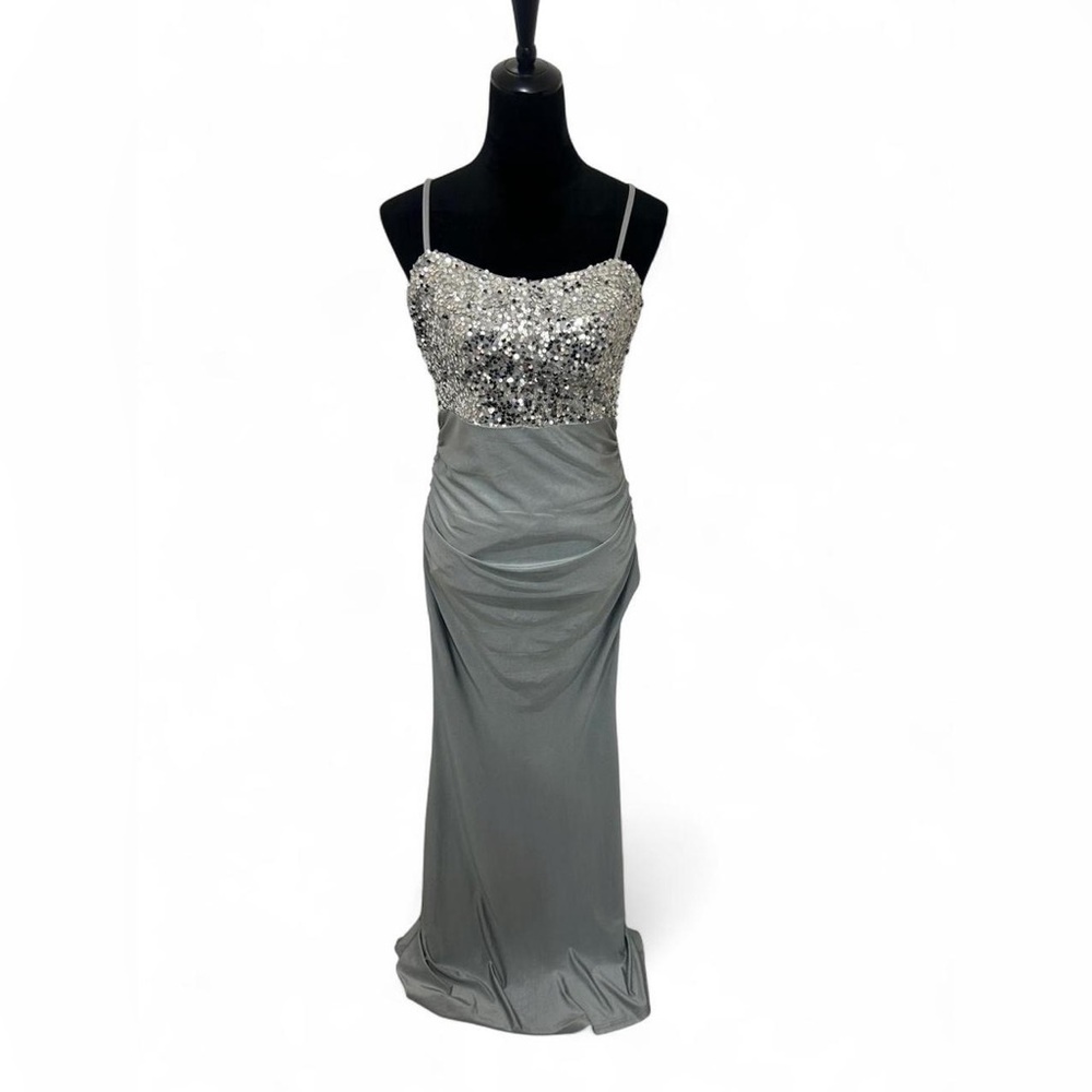 Y2K Silver Sequin Maxi Dress Lace Up Back